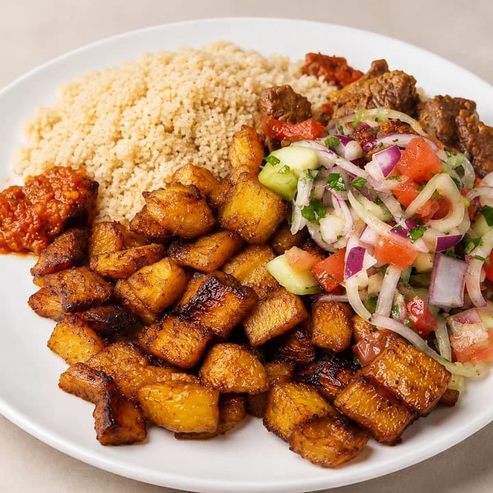 Alloco servi avec de l’agneau choukouya et des crudités