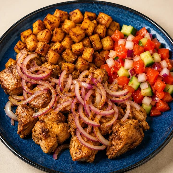 Alloco servi avec du poulet choukouya et des crudités