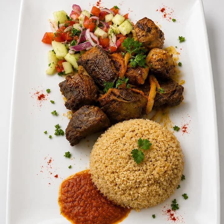 Attiéké servi avec de l’agneau choukouya, une sauce et des crudités