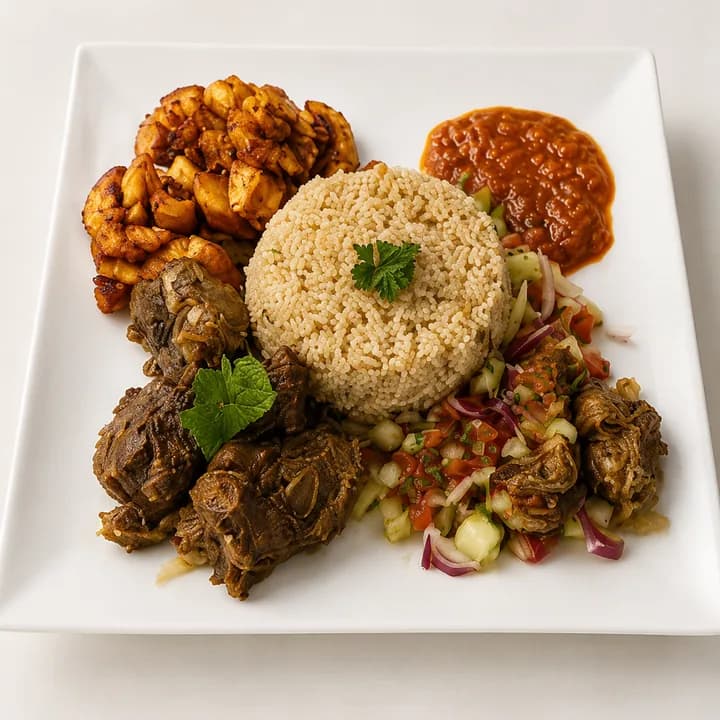 Attiéké servi avec du poulet choukouya, de l’alloco et des crudités