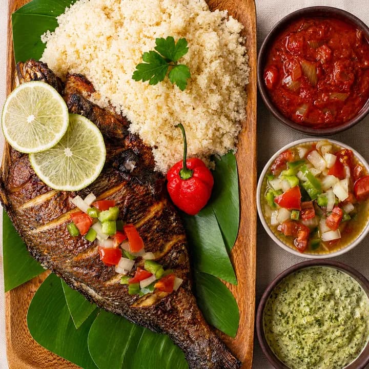 Tilapia braisé entier servi avec de l’attiéké et des condiments